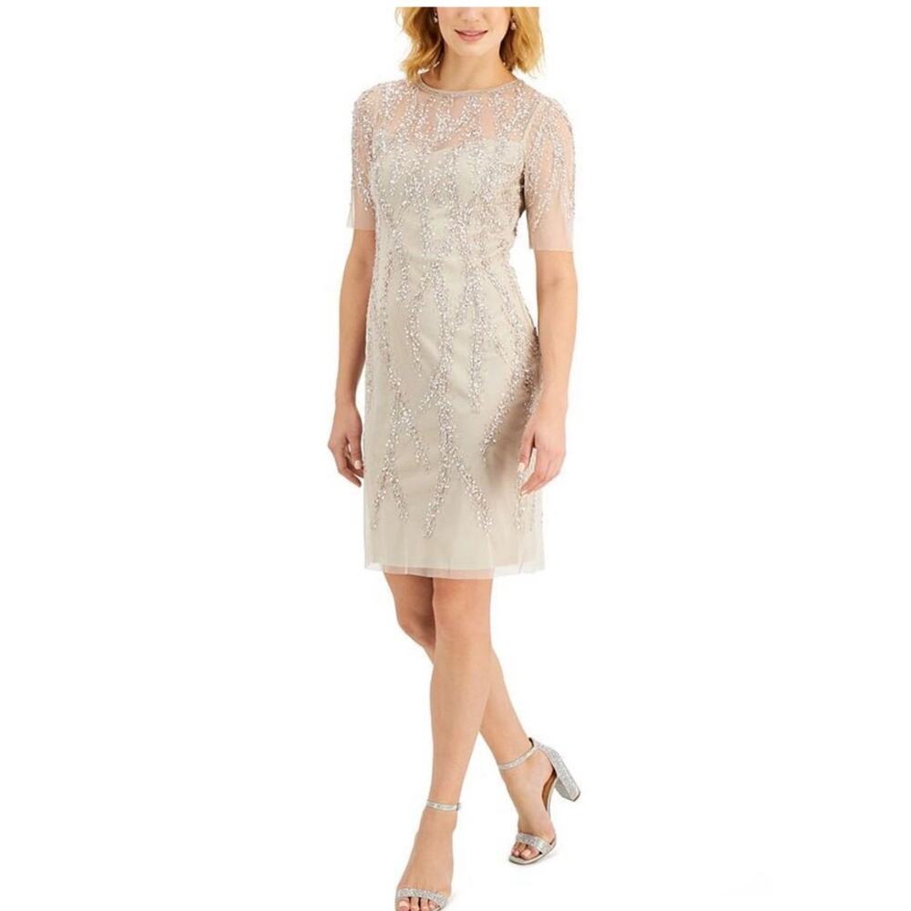 Adrianna Papell Champagne Beaded Sheath Dress 6